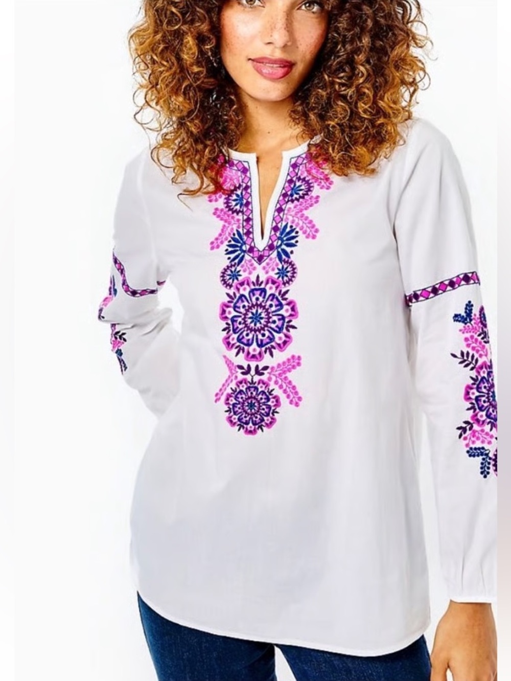 Lilly Pulitzer Sz XL Coretta White Cotton Embroidered Boho Blouse